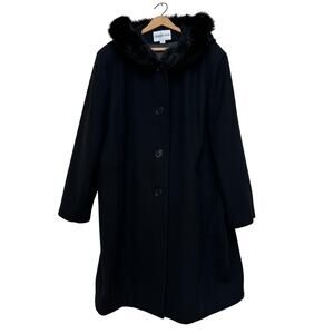 Charles Klein Black Wool Blend Coat 22W Faux Fur Trim Hood Classic Warm